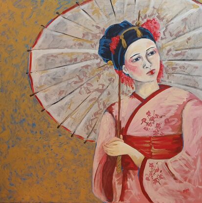 Geisha looking into the distance with an Umbrella in her hand and wearing a cherry blossom kimono.