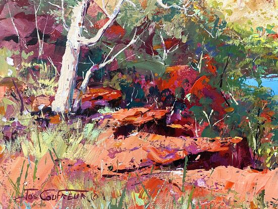 Dales Gorge in Karijini painted in vibrant colours with white gumtree standing out against the red rocks. 