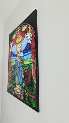 The image in the artwork is of a stained-glass window showing the Virgin Mary holding Baby Jesus. This specific stained-glass window is at the Catholic Basilica of St. Lawrence in Asheville North Carolina USA. It has been created to mimic the actual window in the Basilica.