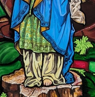 The image in the artwork is of a stained-glass window showing the Virgin Mary holding Baby Jesus. This specific stained-glass window is at the Catholic Basilica of St. Lawrence in Asheville North Carolina USA. It has been created to mimic the actual window in the Basilica.