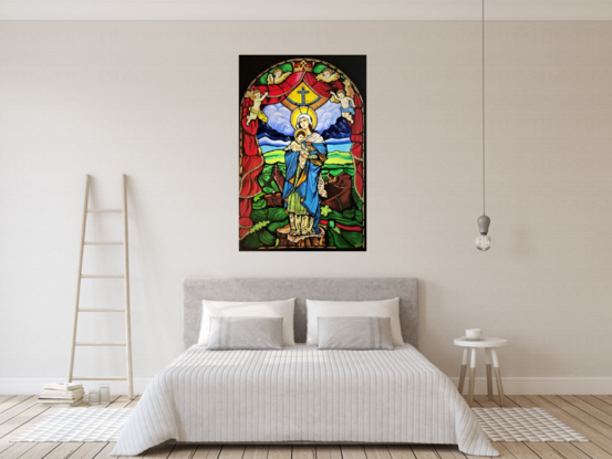 The image in the artwork is of a stained-glass window showing the Virgin Mary holding Baby Jesus. This specific stained-glass window is at the Catholic Basilica of St. Lawrence in Asheville North Carolina USA. It has been created to mimic the actual window in the Basilica.