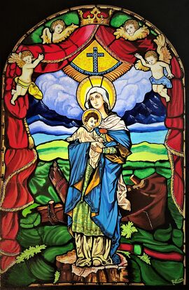 The image in the artwork is of a stained-glass window showing the Virgin Mary holding Baby Jesus. This specific stained-glass window is at the Catholic Basilica of St. Lawrence in Asheville North Carolina USA. It has been created to mimic the actual window in the Basilica.