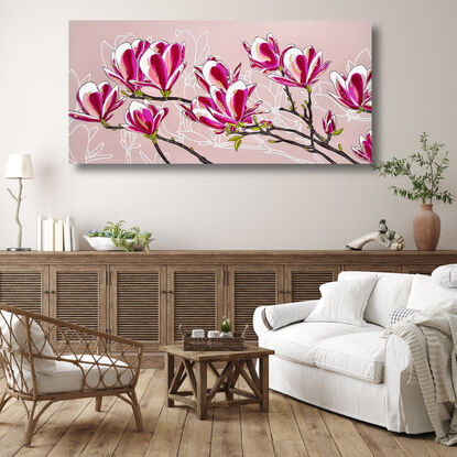 Pink magnolia branch with beautiful blossoms 