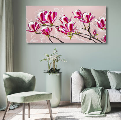 Pink magnolia branch with beautiful blossoms 