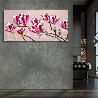 Pink magnolia branch with beautiful blossoms 