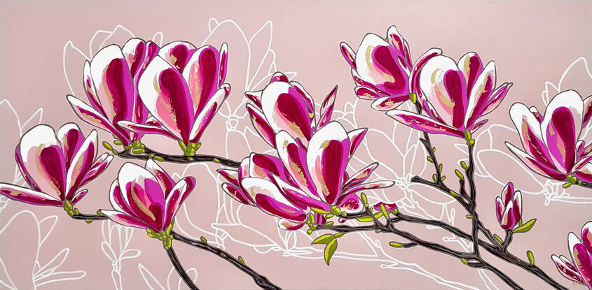 Pink magnolia branch with beautiful blossoms 