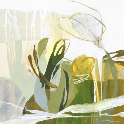 Large spontaneous strokes of light yellow, sage and ochre over a background wash of green, olive and beige representing abstract foliage.