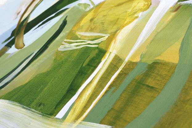 Large spontaneous strokes of light yellow, sage and ochre over a background wash of green, olive and beige representing abstract foliage.