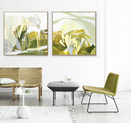 Large spontaneous strokes of light yellow, sage and ochre over a background wash of green, olive and beige representing abstract foliage.