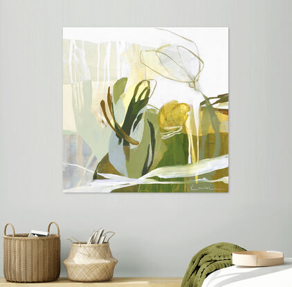 Large spontaneous strokes of light yellow, sage and ochre over a background wash of green, olive and beige representing abstract foliage.