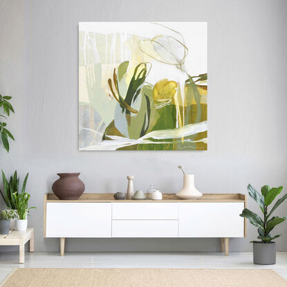 Large spontaneous strokes of light yellow, sage and ochre over a background wash of green, olive and beige representing abstract foliage.