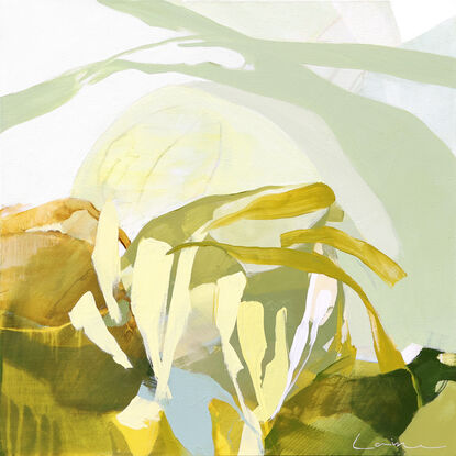 Large spontaneous strokes of light yellow, sage and ochre over a background wash of green, olive and beige representing abstract foliage.