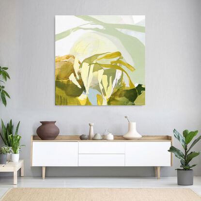 Large spontaneous strokes of light yellow, sage and ochre over a background wash of green, olive and beige representing abstract foliage.