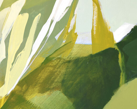 Large spontaneous strokes of light yellow, sage and ochre over a background wash of green, olive and beige representing abstract foliage.