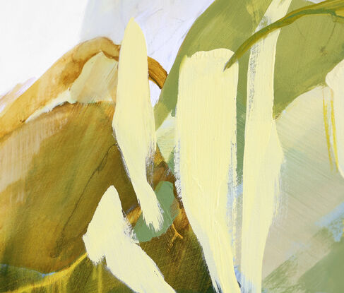 Large spontaneous strokes of light yellow, sage and ochre over a background wash of green, olive and beige representing abstract foliage.