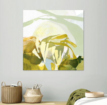 Large spontaneous strokes of light yellow, sage and ochre over a background wash of green, olive and beige representing abstract foliage.