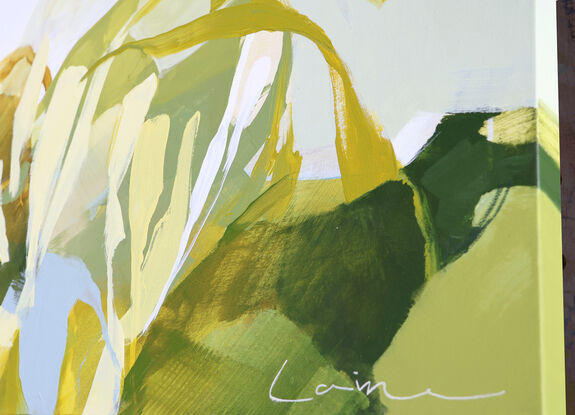 Large spontaneous strokes of light yellow, sage and ochre over a background wash of green, olive and beige representing abstract foliage.