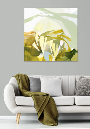 Large spontaneous strokes of light yellow, sage and ochre over a background wash of green, olive and beige representing abstract foliage.