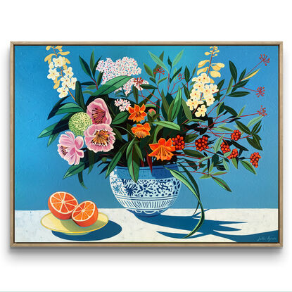 A still life painting of flowers and fruit in blues, reds, oranges, yellows, whites, pinks and greens, framed in oak