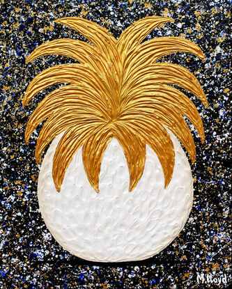 textured gold and white textured pineapple on a starry black background 