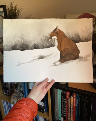 mixed media painting of a fox in a snowy landscape 