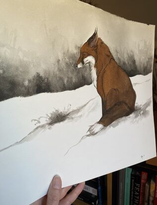 mixed media painting of a fox in a snowy landscape 