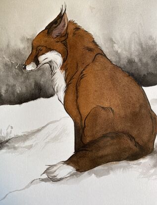 mixed media painting of a fox in a snowy landscape 