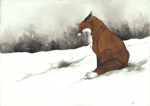 mixed media painting of a fox in a snowy landscape 