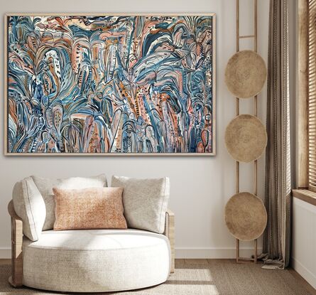 Just livin my best life, a contemporary abstract impression by Carley Bourne.  Tropical, Palm trees, the sun and ocean, with a summer filled vibe.