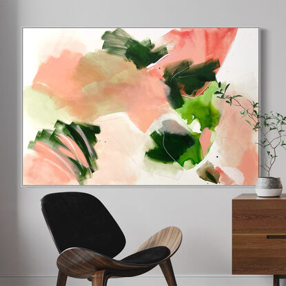 bold marks and colour fields in blush pink, peach light and dark green with areas of white across a large canvas