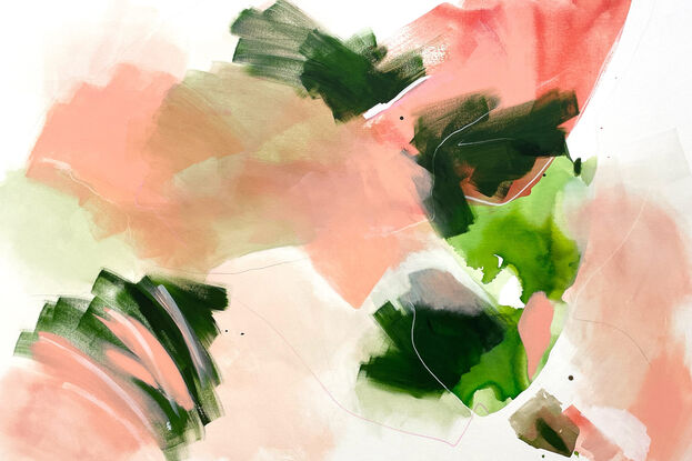 bold marks and colour fields in blush pink, peach light and dark green with areas of white across a large canvas