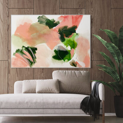 bold marks and colour fields in blush pink, peach light and dark green with areas of white across a large canvas