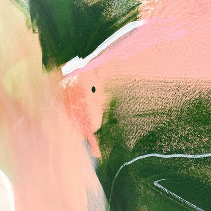 bold marks and colour fields in blush pink, peach light and dark green with areas of white across a large canvas