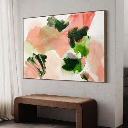 bold marks and colour fields in blush pink, peach light and dark green with areas of white across a large canvas