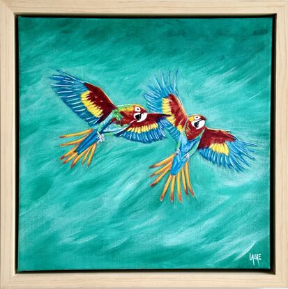 Parrots in Emerald forest acrylic on linen 
Slightly varnished 
This little artwork is framed with natural light wood 
Each painting is provided with a certificate of authenticity.
Wrapped securely with bubble layers and thick cardboard 
