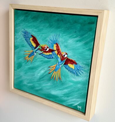 Parrots in Emerald forest acrylic on linen 
Slightly varnished 
This little artwork is framed with natural light wood 
Each painting is provided with a certificate of authenticity.
Wrapped securely with bubble layers and thick cardboard 
