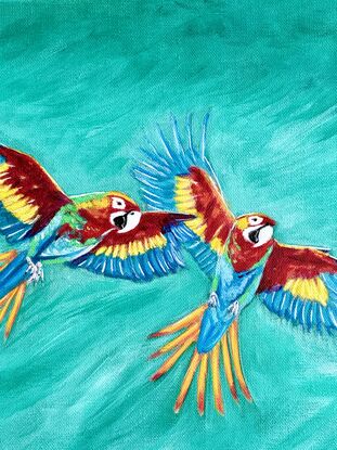 Parrots in Emerald forest acrylic on linen 
Slightly varnished 
This little artwork is framed with natural light wood 
Each painting is provided with a certificate of authenticity.
Wrapped securely with bubble layers and thick cardboard 
