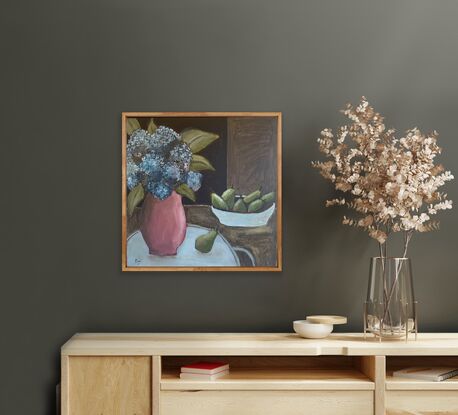 The painting depicts a vase of blue hydrangeas and a bowl of pears on a surface. The background is brown and black. 