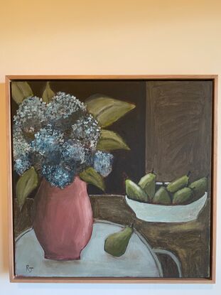 The painting depicts a vase of blue hydrangeas and a bowl of pears on a surface. The background is brown and black. 