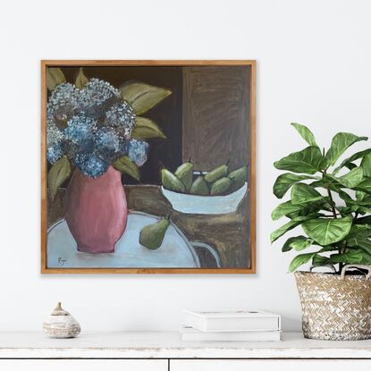 The painting depicts a vase of blue hydrangeas and a bowl of pears on a surface. The background is brown and black. 