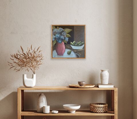 The painting depicts a vase of blue hydrangeas and a bowl of pears on a surface. The background is brown and black. 