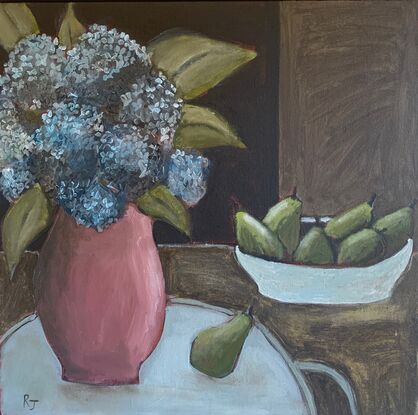 The painting depicts a vase of blue hydrangeas and a bowl of pears on a surface. The background is brown and black. 