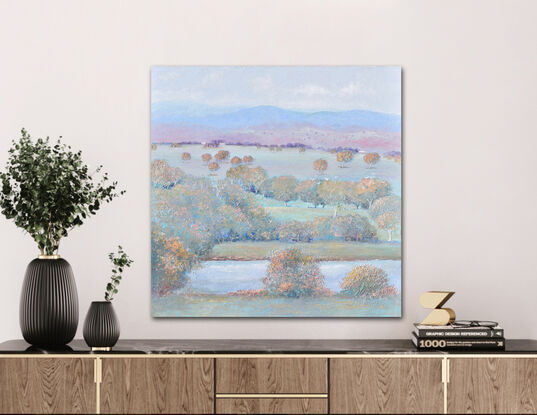 A painting of an Australian  country landscape at dusk, painted in soft pastel tones of light blue, green, gold and pink. 