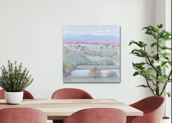 A painting of an Australian  country landscape at dusk, painted in soft pastel tones of light blue, green, gold and pink. 