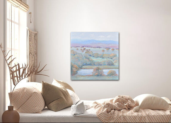 A painting of an Australian  country landscape at dusk, painted in soft pastel tones of light blue, green, gold and pink. 