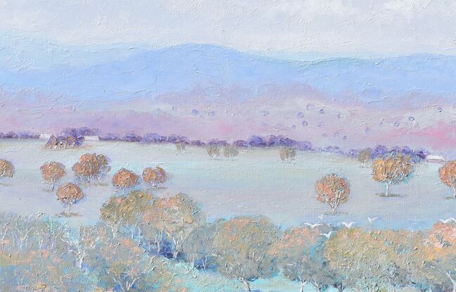 A painting of an Australian  country landscape at dusk, painted in soft pastel tones of light blue, green, gold and pink. 