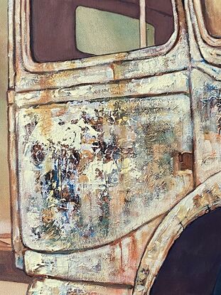 rusty old truck with emu character and approaching rain and prickly pear