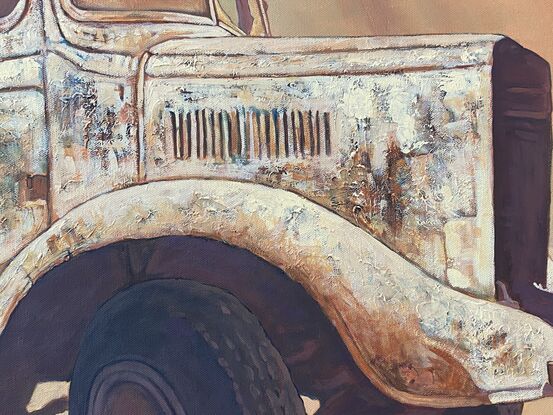 rusty old truck with emu character and approaching rain and prickly pear