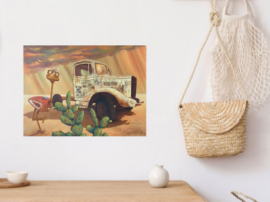 rusty old truck with emu character and approaching rain and prickly pear