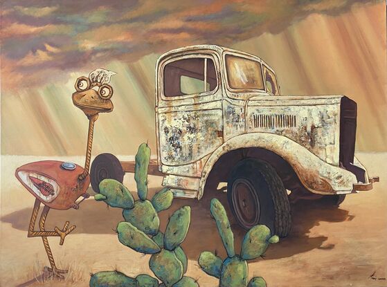 rusty old truck with emu character and approaching rain and prickly pear